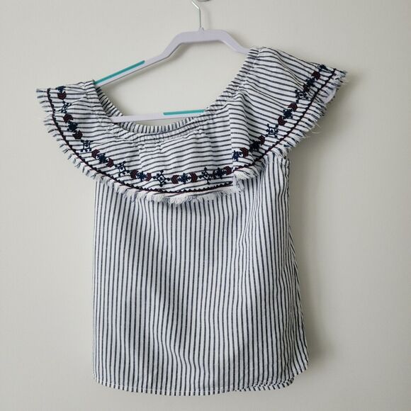 LOGG H&M One Shoulder Top Size 2 Linen Cotton White Blue Striped Embroidered - Picture 2 of 10